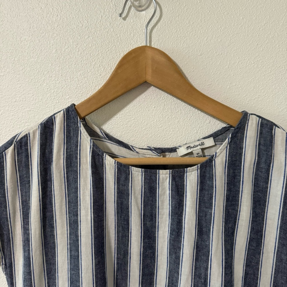 Madewell Stripe Play Button Back Linen Blend Shift Dress Blue White Pockets-XS - Picture 4 of 10